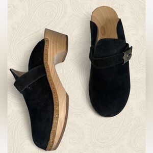 Black Suede OG Clogs mules with wooden soles and buckles size 7